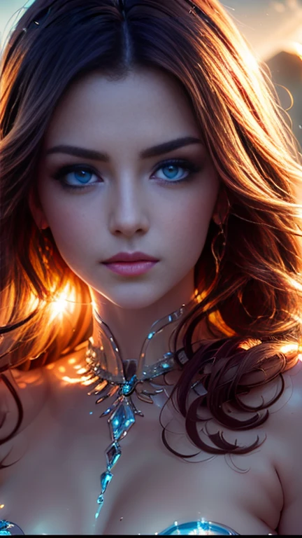 Very close-up camera angle,Daytime atmosphere,There are big eyes that clearly show the details of the eyes in a very realistic way, with reflections of shimmering light, vapor sticking to the camera lens, and small water droplets clinging to the eyelashes. The nature of the image is what I want. Contrast type and professional lighting