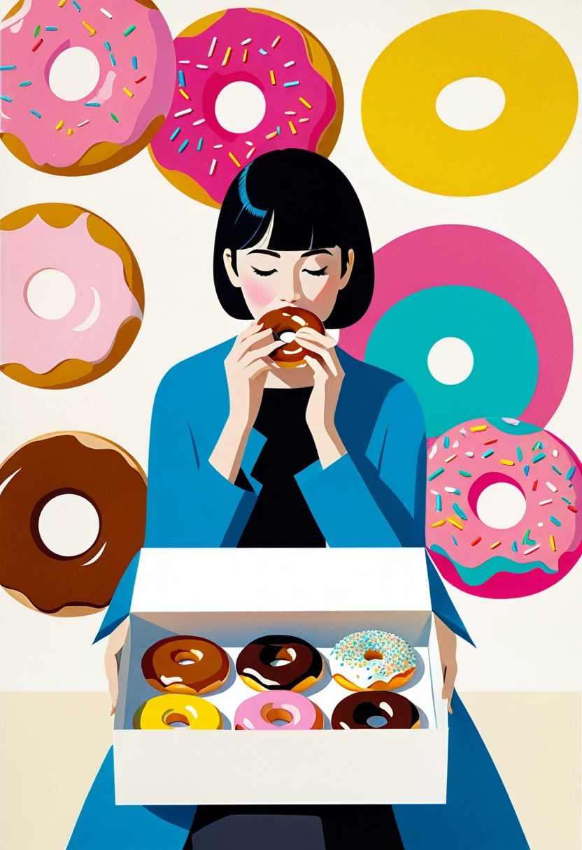 1girl, solo, colorful, Eating a donut, Nearby is a box of donuts, bliss of life, Minimalism, graphic-design, illustration, pop art, Paul Catherall, Keith Negley