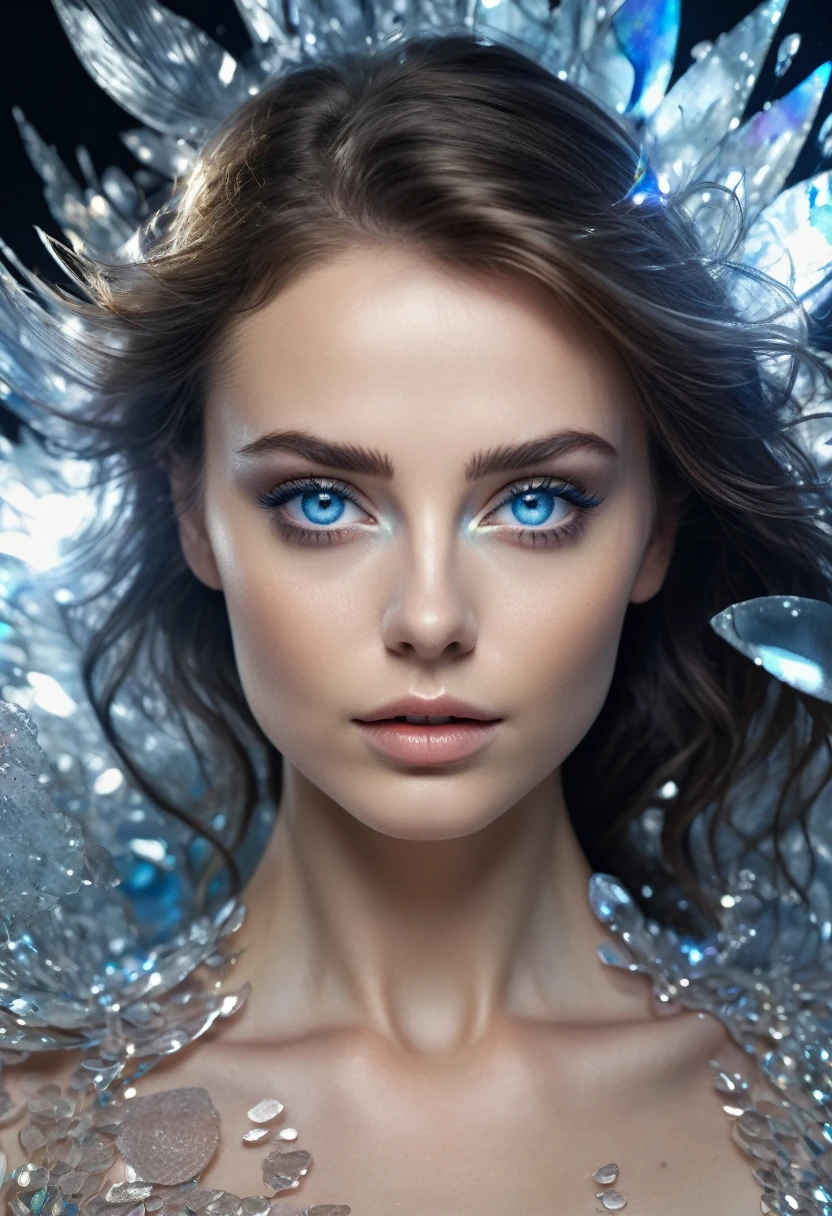8K,Best quality, masterpiece, ultra high res, (photorealistic:1.4), raw photo, (Authentic skin texture:1.3), (film grain:1.3), (selfie angle), woman beautiful detailed deep blue eyes and face, masterpiece, best quality, close-up, black n white, Broken Glass effect, no background, stunning, something that even doesn't exist, mythical being, energy, molecular, textures, iridescent and luminescent scales, breathtaking beauty, pure perfection, divine presence, unforgettable, impressive, breathtaking beauty, Volumetric light, auras, rays, vivid colors reflects