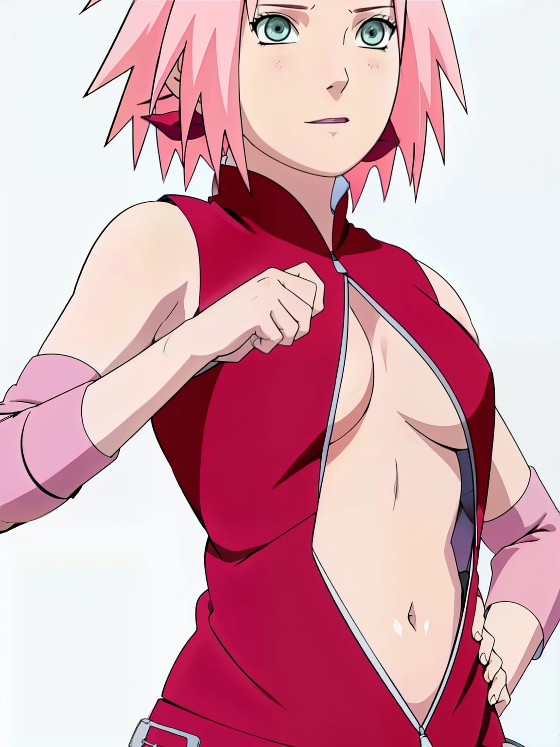 Sakura Haruno showing her belly with open zipper and open top showing her sexy breasts