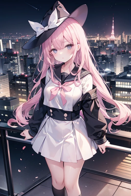 A girl stands on the rooftop of a high-rise building overlooking Tokyo late at night、A high school student wearing a white and black sailor uniform with a pale pink ribbon、She wears a large witch's hat with a small sapphire accessory、A few star creams、Beautiful starry sky、Beautiful night view、Blue Eyes, smile