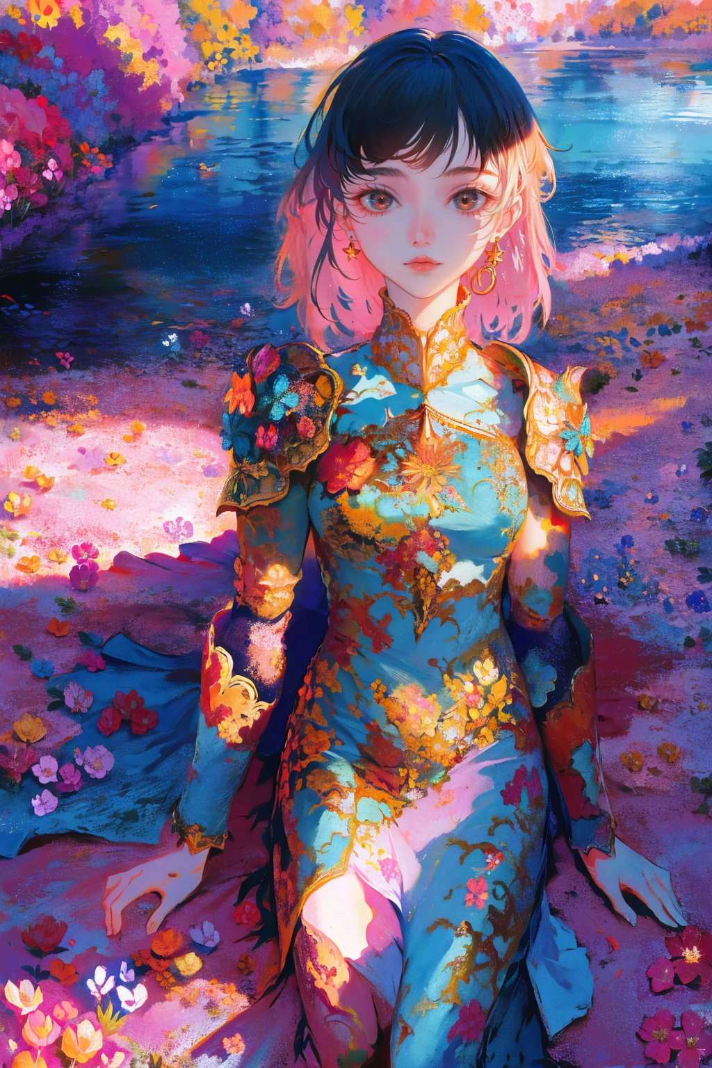 woman, flower dress, colorful, epic background,flower armor, blue theme, NOT Dasha Taran, UHD 32K lossless photography like