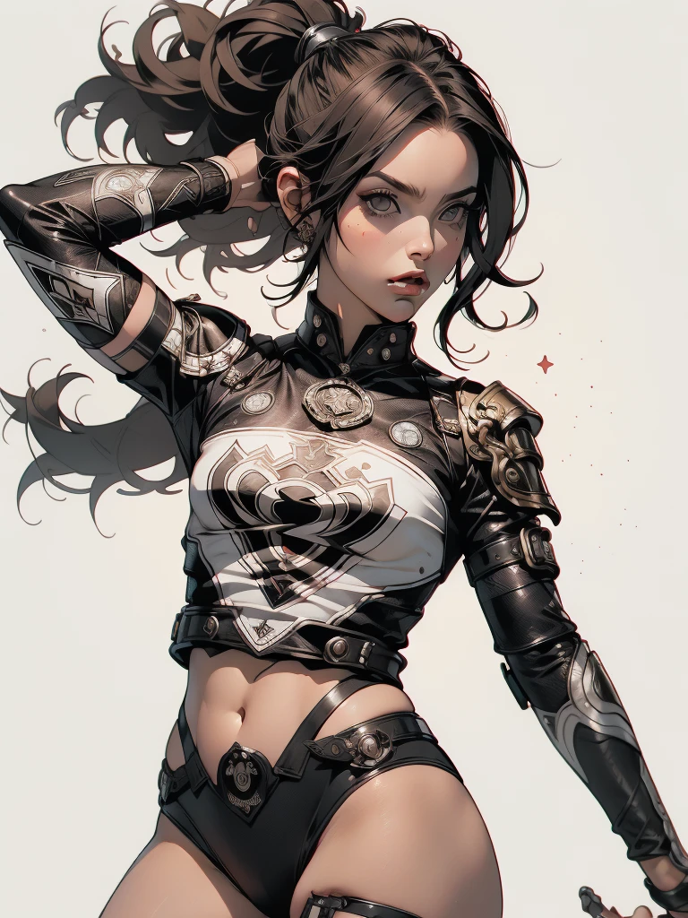 (((mulher))), (((melhor qualidade))), (((obra prima))), (((adulto))), (((1girl))), ((( corte de cabelo moicano ))), Uma gladiadora cyberpunk mulher de 25 anos com corpo perfeito, alien armor, h.r. Estilo Giger, shoulder pads with metal spines, Gladiadores do Brooklyn, (( corte de cabelo moicano )), tiny leather panties, camiseta de time de rugby rasgada, quase nua no estilo selvagem urbano de Simon Bisley para a capa da revista Heavy Metal, Cabelo loiro curto, Minimum clothing, Metal protection on the left arm with intricate graphics, Dark red with white stars and black and white checkerboard pattern, armadura, cheio de pontas e rebites, (((do joelho pra cima))), cabelos loiro branco curto, no fundo uma parede pintada por Shepard Fairey com um design intrincado
