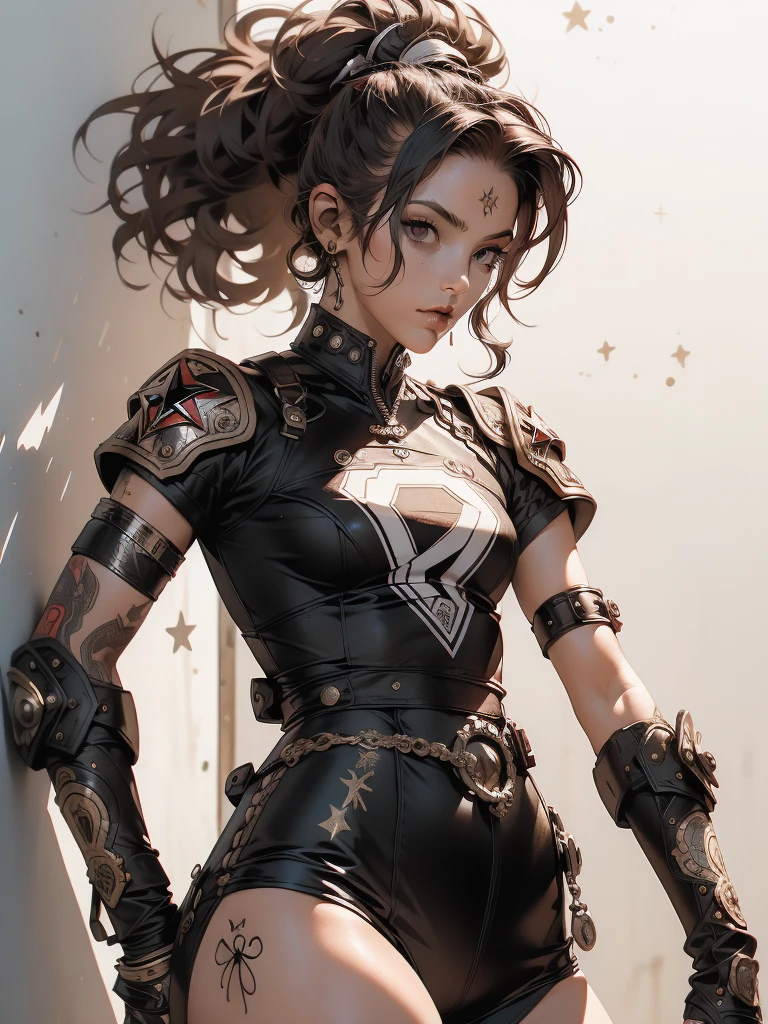 (((mulher))), (((melhor qualidade))), (((obra prima))), (((adulto))), (((1girl))), ((( corte de cabelo moicano ))), Uma gladiadora cyberpunk mulher de 25 anos com corpo perfeito, alien armor, h.r. Estilo Giger, shoulder pads with metal spines, Gladiadores do Brooklyn, (( corte de cabelo moicano )), tiny leather panties, camiseta de time de rugby rasgada, quase nua no estilo selvagem urbano de Simon Bisley para a capa da revista Heavy Metal, Cabelo loiro curto, Minimum clothing, Metal protection on the left arm with intricate graphics, Dark red with white stars and black and white checkerboard pattern, armadura, cheio de pontas e rebites, (((do joelho pra cima))), cabelos loiro branco curto, no fundo uma parede pintada por Shepard Fairey com um design intrincado
