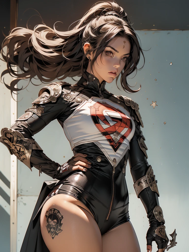 (((mulher))), (((melhor qualidade))), (((obra prima))), (((adulto))), (((1girl))), ((( corte de cabelo moicano ))), Uma gladiadora cyberpunk mulher de 25 anos com corpo perfeito, alien armor, h.r. Estilo Giger, shoulder pads with metal spines, Gladiadores do Brooklyn, (( corte de cabelo moicano )), tiny leather panties, camiseta de time de rugby rasgada, quase nua no estilo selvagem urbano de Simon Bisley para a capa da revista Heavy Metal, Cabelo loiro curto, Minimum clothing, Metal protection on the left arm with intricate graphics, Dark red with white stars and black and white checkerboard pattern, armadura, cheio de pontas e rebites, (((do joelho pra cima))), cabelos loiro branco curto, no fundo uma parede pintada por Shepard Fairey com um design intrincado