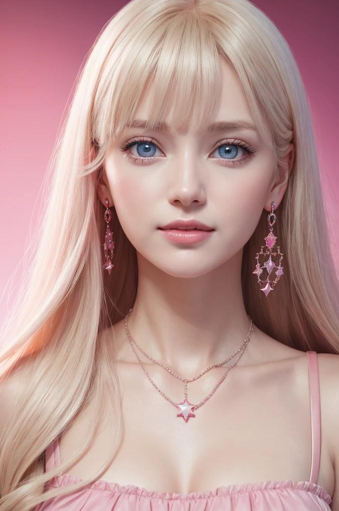 1girl,star blue eye,blush,perfect illumination,upper body,3DMM,blonde hair,long hair,jewelry,gradient pink background,pink dress,earrings,pink dress,realistic,necklace,looking at viewer,tiara,pink lips,light smile,unreal engine,side lighting,detailed face,bangs,bright skin