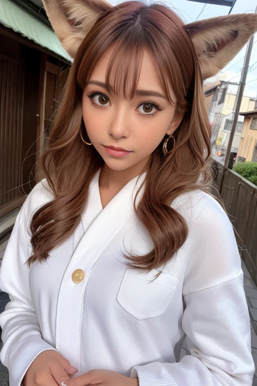 Small fox ears、((Tanned Gal))、((Tanned Gal))、one girl, (a beauty girl, delicate girl:1.3), (************, change:1.3), break,((Shrine maiden costume)),(Brown fox ears) break, Definition of Very Fine Particles, (Symmetrical eyes:1.3), break, (alley, Kyoto:1.3), perfectly trimmed fingers, break, Small breasts, Brown eyes, Parted bangs, Brown Hair, girl, break, (Eye and facial details:1.0), break, (masterpiece, Highest quality, Very detailed, Detailed face, 8k)