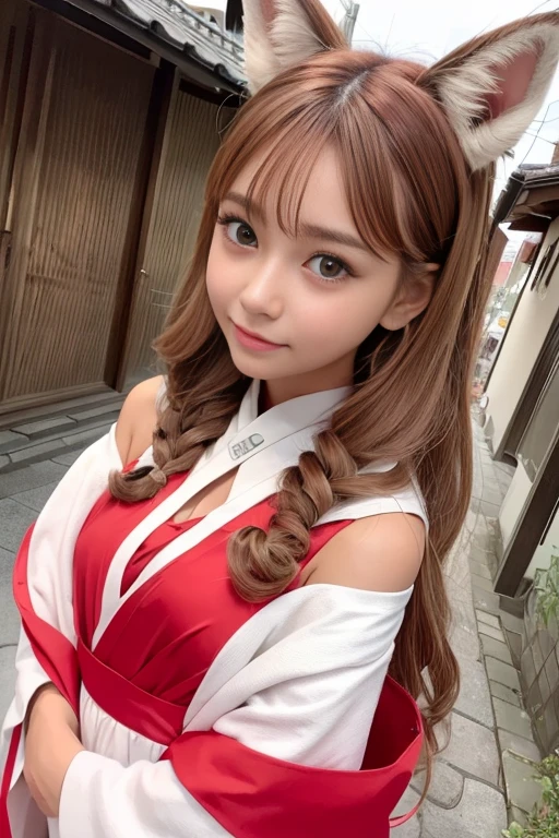 Small fox ears、((Tanned Gal))、((Tanned Gal))、one girl, (a beauty girl, delicate girl:1.3), (************, change:1.3), break,((Shrine maiden costume)),(Brown fox ears) break, Definition of Very Fine Particles, (Symmetrical eyes:1.3), break, (alley, Kyoto:1.3), perfectly trimmed fingers, break, Small breasts, Brown eyes, Parted bangs, Brown Hair, girl, break, (Eye and facial details:1.0), break, (masterpiece, Highest quality, Very detailed, Detailed face, 8k)