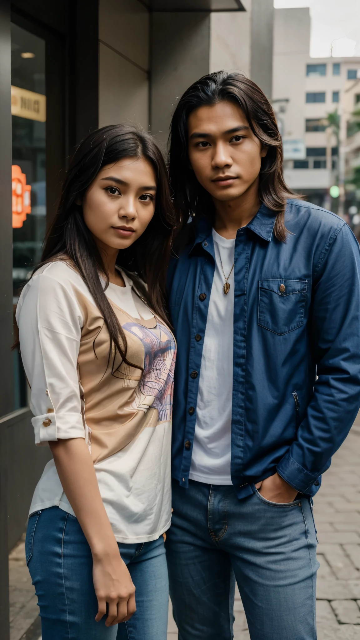 an Indonesian man and an Indonesian woman standing next to each other, an image, inspired by Adam Dario Keel, which is trending in the cg community, a handsome young Indonesian man with a beautiful young Indonesian woman with tangled hair, a man dressed in a shirt and a woman dressed in a shirt and skinny jeans. singer, movie screencap, model elisajes from acquamodels