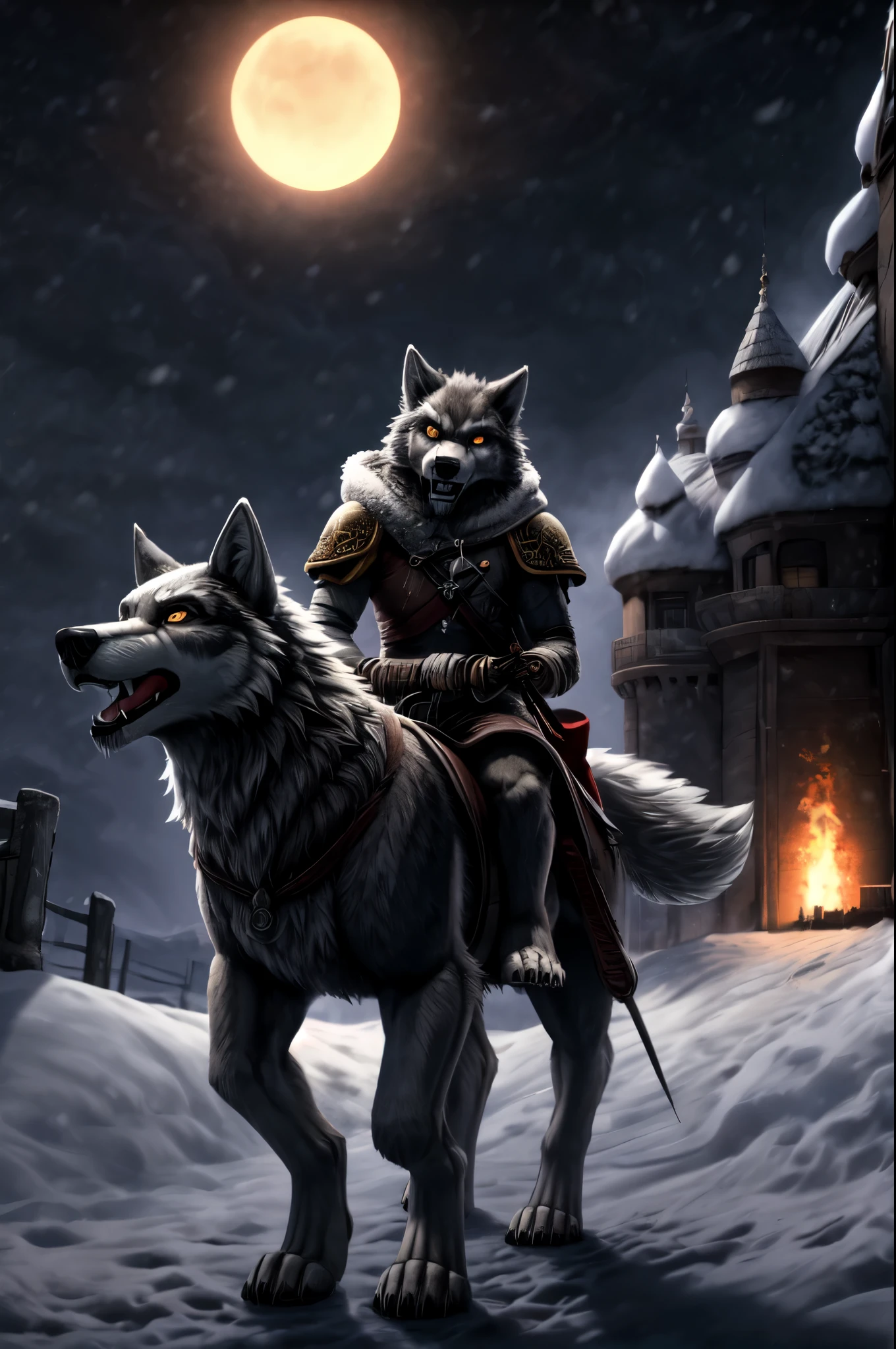 (((Barefoot furry character, full body, cinematic setting, furry male, plantigrade))) (((wolf anthro rides wolf feral)))
There is a howling in the distance
There is a crying in the cold
And in the falling darkness I can hear them call
The wind and the masters of all
The ancient blood will burn forever
We face the terrors of the night
We ride out tonight into shadow and fight
We witness the ravens take flight
And my eyes are clear
And my heart can see
That beyond my fears
Lies a future for you and for me
Howling in the nightfall
We hear the fight call
And for honour and duty ride forth
All for the glory of (((the wolves of the north)))
For king and crown and for our honour
The wolves are calling us to run
And on through the plains where snow hides the sun
We feel now that winter has come
And my eyes are clear
And my heart can see
That beyond my fears
Lies a future for you and for me
Howling in the nightfall
We hear the fight call
And for honour and duty ride north
Far beyond the great wall
Beneath the snowfall
Now in shadow and darkness ride forth
Honour the glory of the wolves of the north
BREAK, intricate details, highly detailed, extreme detail, octane render, fine art, best quality, highres, (detailed face:1.5), ((full_body)), UHD, (((perfect hands))), ((low light:1.5))