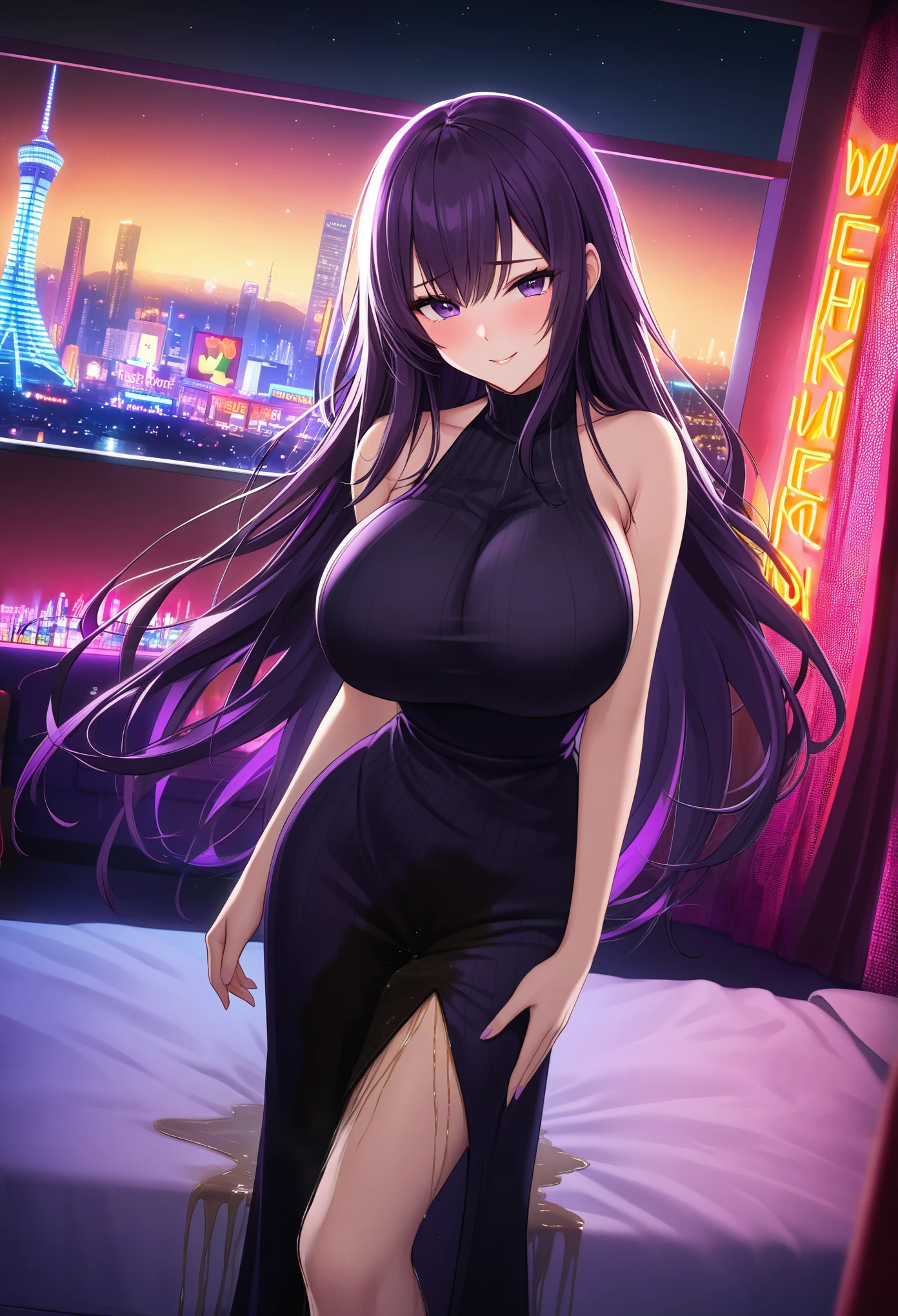 woman, very dark purple hair, purple eyes, long hair, large breasts, very long dress, very tight dress, standing, (wetting herself:1.5), best quality, ultra-detailed, HDR, studio lighting, professional, vivid colors, sharp focus, bokeh, landscape, love hotel, bed, night, window, cityscape, colorful city, neon lights, futuristic, science fiction, soft lighting, dynamic shadows, embarrassed, humiliation, blushing, naughty face, seductive expression, facing viewer