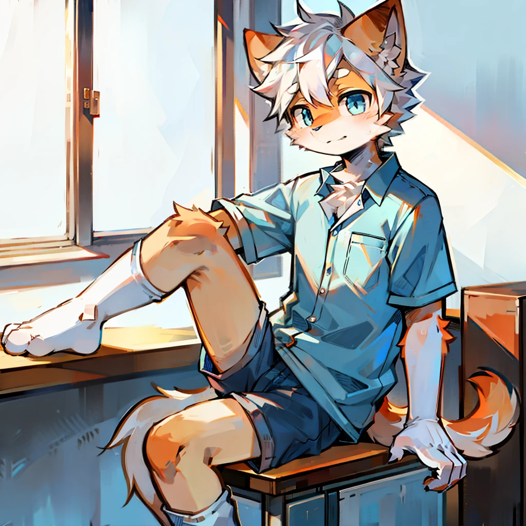 furry， cat boy，（White hair），（Orange skin），blue eyes，Sitting in the classroom，Legs on the table，（（Wear short white socks）），Light blue pajamas and shorts，The only person，high quality