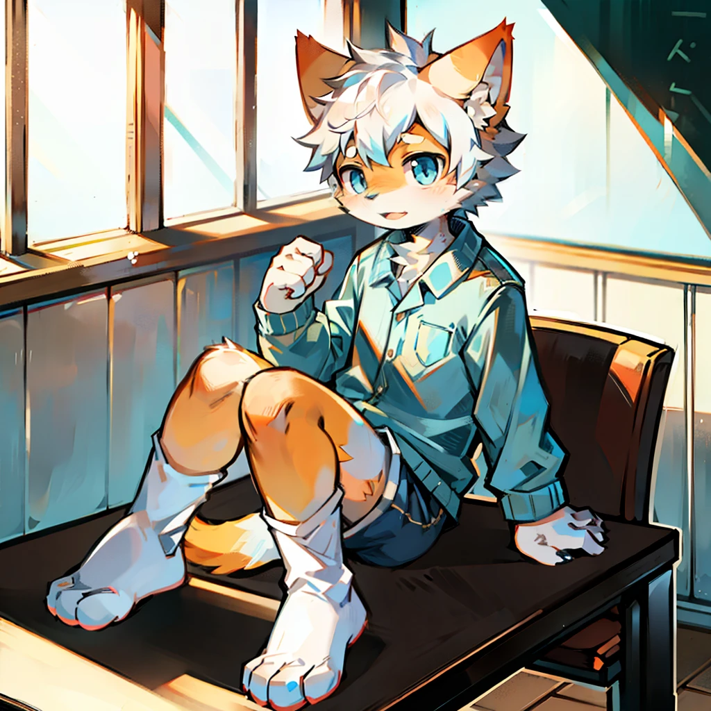 furry, cat boy,(White hair),(Orange skin),blue eyes,Sitting in the classroom,Legs on the table,((Wear short white socks)),Light blue pajamas and shorts,The only person,high quality