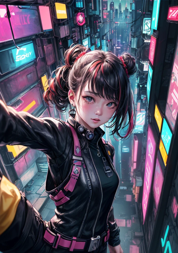 analog style, model shoot style, (Selfie:1.8), 1girl, jolly, upturned eyes, (Cyberpunk:1.8, Cyberpunk city background:1.8), ((The cutest face: 1.8, Perfect face:1.3)), (half updo, multicolored hair:1.4, pale skin:1.5), (From above:1.4), Best Quality, epicd (by lee jeffries photo, sony a7, 50 millimeters, pores:1.5, Colors, hyperdetails:1.5, Film grain:1.4, hyper realisitic: 1.5), Octane Render, ultra realistic lifelike textures, masutepiece, unreal enginee 5, the Extremely Detailed CG Unity 8K Wallpapers, Madly detailed photo, Ultra-realistic light, (Pulitzer Prize in Photography、Taylor Wessing Award for Photography)