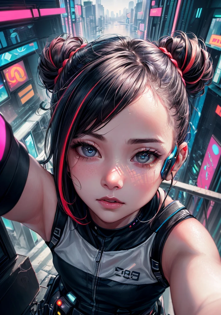analog style, model shoot style, (Selfie:1.8), 1girl, jolly, upturned eyes, (Cyberpunk:1.8, Cyberpunk city background:1.8), ((The cutest face: 1.8, Perfect face:1.3)), (half updo, multicolored hair:1.4, pale skin:1.5), (From above:1.4), Best Quality, epicd (by lee jeffries photo, sony a7, 50 millimeters, pores:1.5, Colors, hyperdetails:1.5, Film grain:1.4, hyper realisitic: 1.5), Octane Render, ultra realistic lifelike textures, masutepiece, unreal enginee 5, the Extremely Detailed CG Unity 8K Wallpapers, Madly detailed photo, Ultra-realistic light, (Pulitzer Prize in Photography、Taylor Wessing Award for Photography)