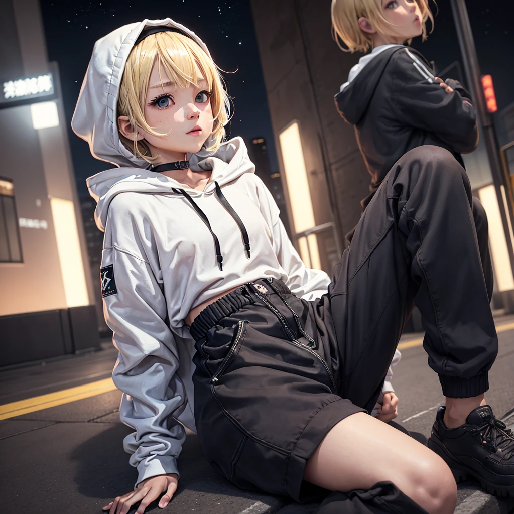 1人の女の子, ピクサー, "An image of a woman with blonde bobbed hair sitting in an urban night scene, looking up at the sky. She has 'YUKA' written on her back, is wearing a white hoodie and baggy black cargo pants."