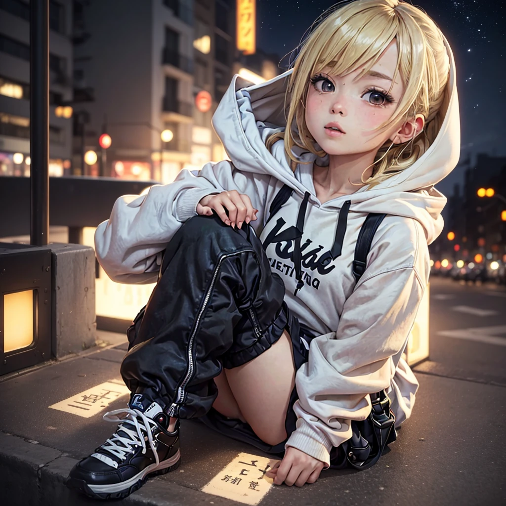 1人の女の子, ピクサー, "An image of a woman with blonde bobbed hair sitting in an urban night scene, looking up at the sky. She has 'YUKA' written on her back, is wearing a white hoodie and baggy black cargo pants."