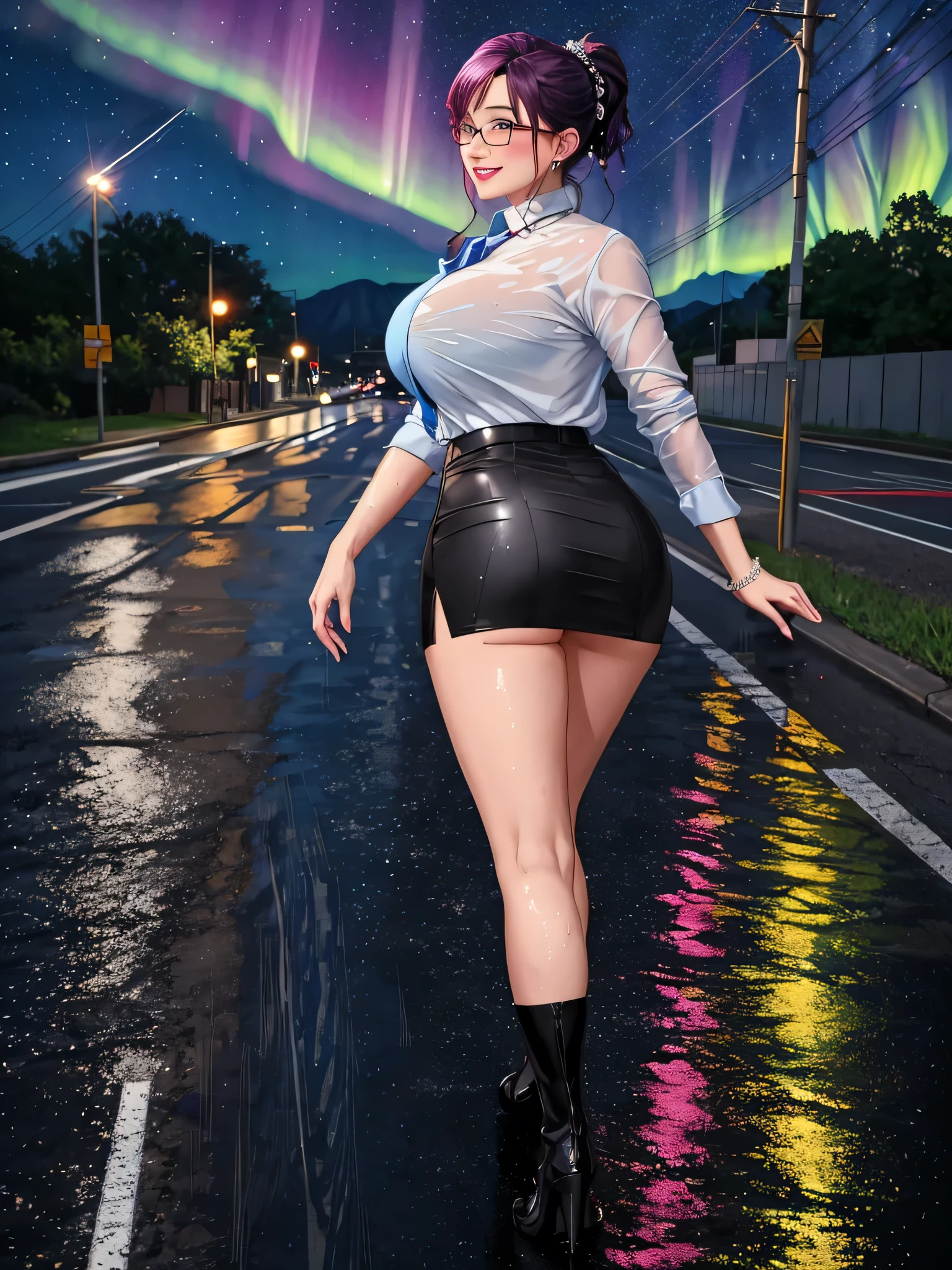 office lady, high resolution, Masterpiece, Anatomically correct, Highly detailed, realistic textures, blushing, dark purple hair, , big breasts, BIG ASS, woman is walking on street, night sky, aurora and stars background, deep blue shirt, black short skirt, full body, pink lips, sexy lady, rain, shadow on the road, light on electricity post, Wet shirt, diamond eyes, wear black stocking, long hair, realistic textures, high resolutionสุด, very detailed, quality, ตาสีฟ้า, ยิ้ม, รอยยิ้มบางๆ, ปัดแก้มอ่อนๆ, จ้องมอง, tie hair up, diamond eyes, มองที่ผู้ชม, โบว์ติดผม, close-fiting, wear eyeglasses