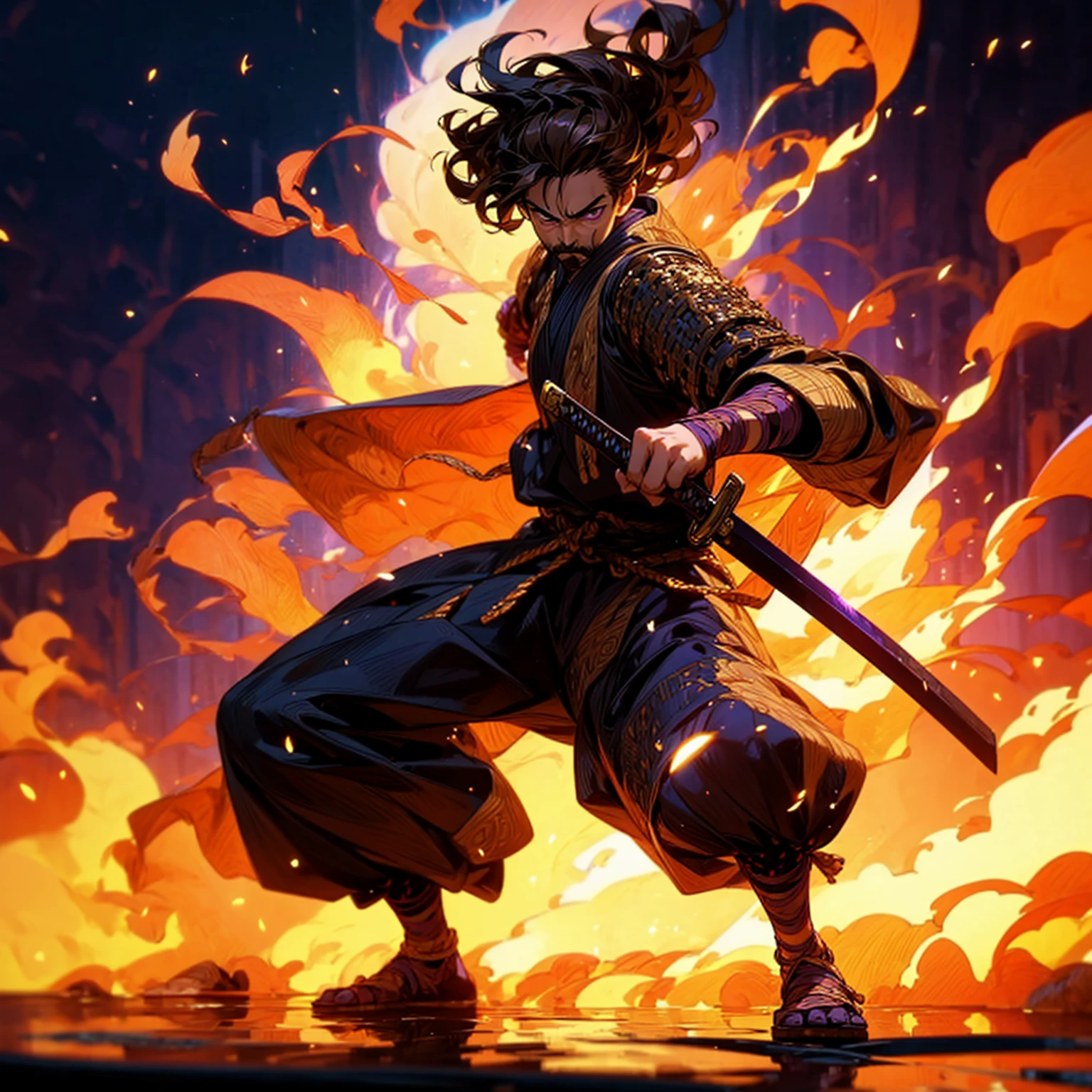 Solo character, full body version, boy, tan skin, Thin moustache, brown color hair, Curly hairstyle, purple eyes, samurai armor, background is plain white, shadow, (standing gesture), sword in hand, (one piece style art), smoke effect, fire effect, lighting gold on sword 