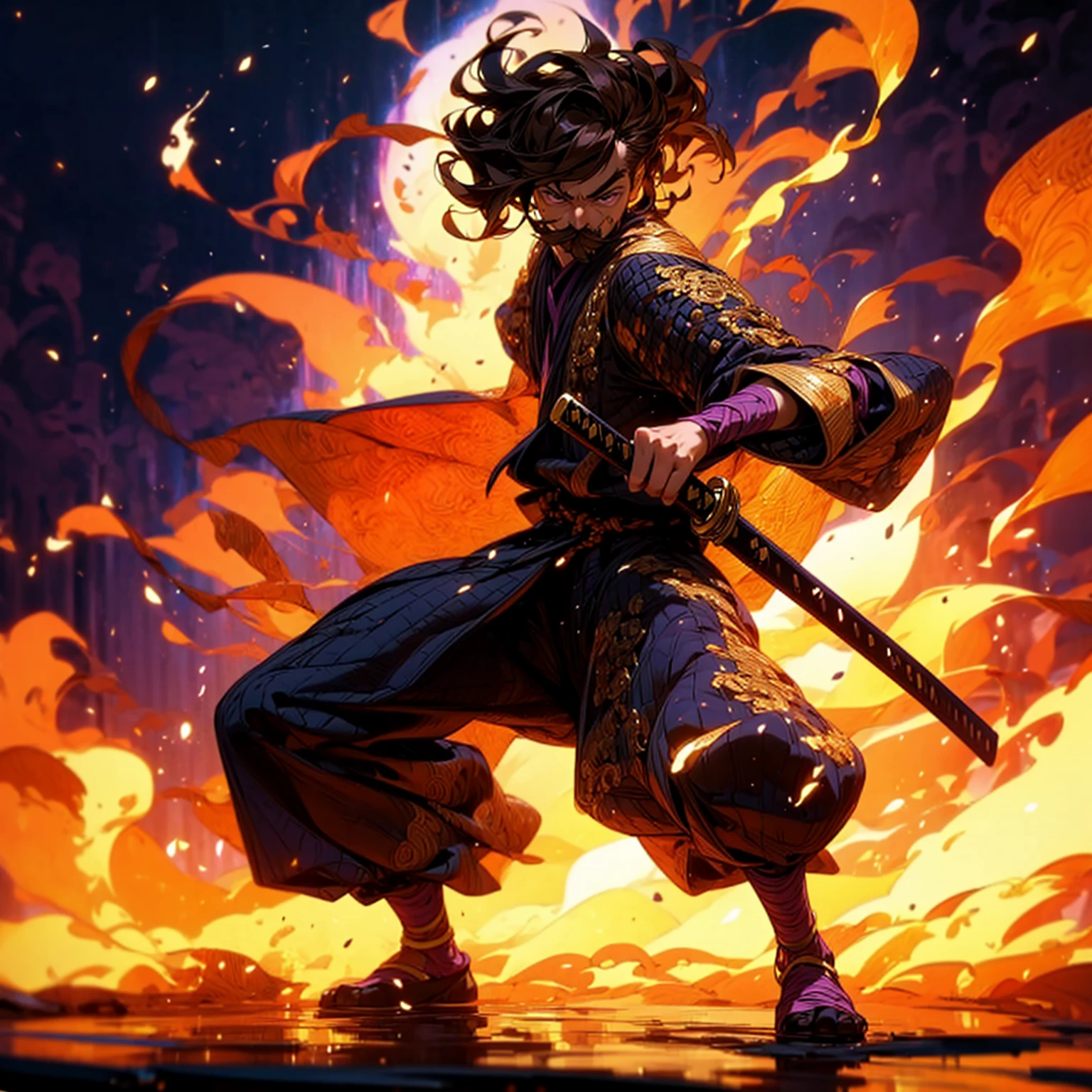 Solo character, full body version, boy, tan skin, Thin moustache, brown color hair, Curly hairstyle, purple eyes, samurai armor, background is plain white, shadow, (standing gesture), sword in hand, (one piece style art), smoke effect, fire effect, lighting gold on sword
