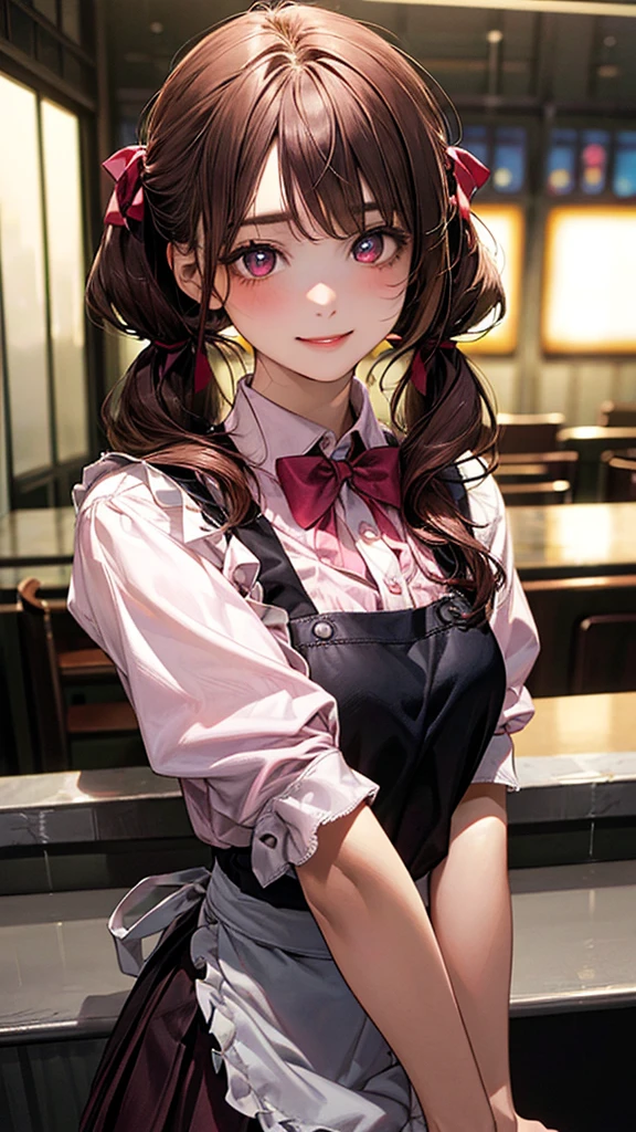 (masterpiece:1.2, Highest quality), (Realistic, photoRealistic:1.4), Beautiful illustrations, (Natural Side Lighting, Cinema Lighting), Browsing Caution,
Looking at the audience, (Face Focus, Upper Body), 1 girl, Japanese, high school girl, Perfect Face, Symmetrical cute face, Glowing Skin,
(Long Hair:1.5, Twin tails:1.4, Dark brown hair), Asymmetrical bangs, Dark red eyes, Shining Eyes, Big eyes, Droopy eyes, Long eyelashes, (Medium chest), thin, Dark red hair ribbon,
Beautiful Hair, Beautiful Face, Fine and beautiful eyes, Beautiful clavicle, Beautiful body, Beautiful breasts, Beautiful thighs, Beautiful legs, Beautiful fingers,
((Pink ruffled apron, White collared shirt, Dark red pleated mini skirt), Dark red bow tie),
(Beautiful views), evening, (kitchen), Are standing, Put your arms behind your head, (Cute Smile, Upper Eye),