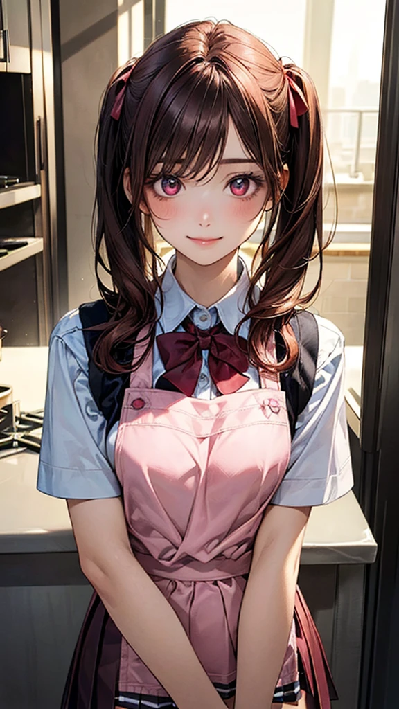 (masterpiece:1.2, Highest quality), (Realistic, photoRealistic:1.4), Beautiful illustrations, (Natural Side Lighting, Cinema Lighting), Browsing Caution,
Looking at the audience, (Face Focus, Upper Body), 1 girl, Japanese, high school girl, Perfect Face, Symmetrical cute face, Glowing Skin,
(Long Hair:1.5, Twin tails:1.4, Dark brown hair), Asymmetrical bangs, Dark red eyes, Shining Eyes, Big eyes, Droopy eyes, Long eyelashes, (Medium chest), thin, Dark red hair ribbon,
Beautiful Hair, Beautiful Face, Fine and beautiful eyes, Beautiful clavicle, Beautiful body, Beautiful breasts, Beautiful thighs, Beautiful legs, Beautiful fingers,
((Pink ruffled apron, White collared shirt, Dark red pleated mini skirt), Dark red bow tie),
(Beautiful views), evening, (kitchen), Are standing, Put your arms behind your head, (Cute Smile, Upper Eye),
