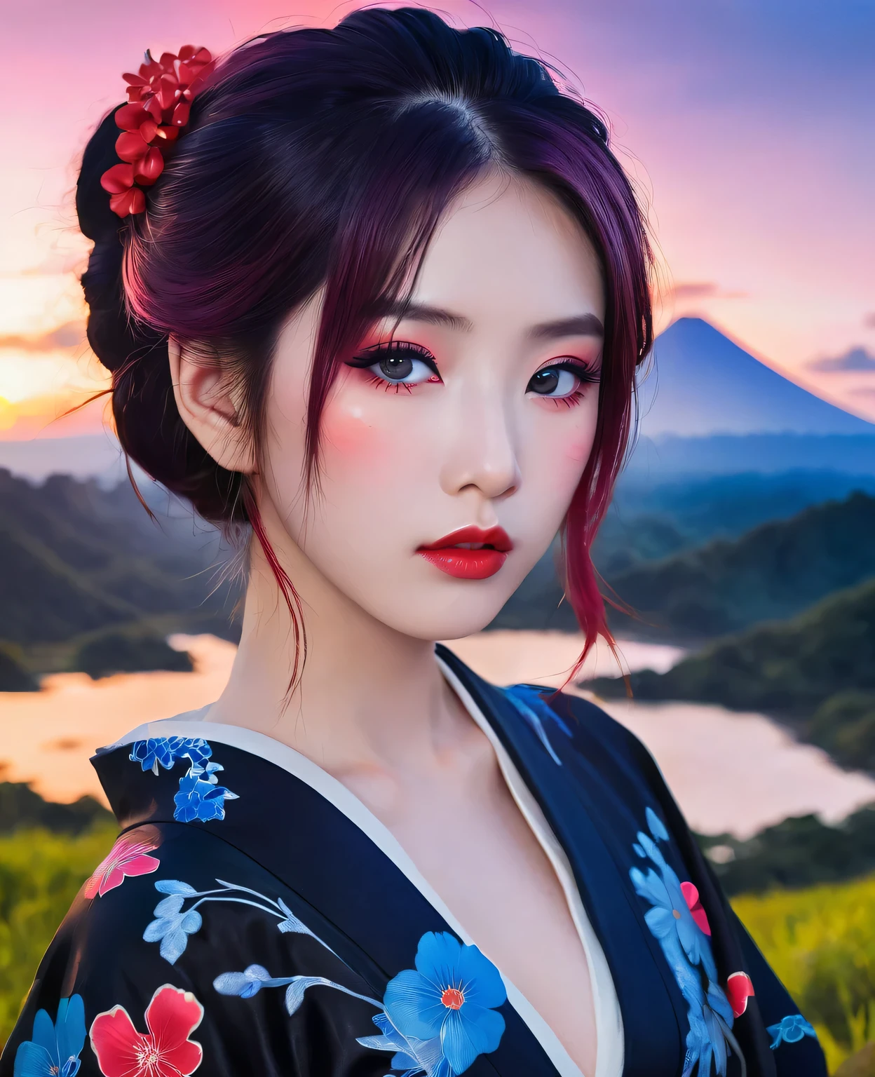 1 female、(Super beautiful)、(beautiful and sad face:1.24)、(detailed face:1.35)、、(black kimono with blue pattern:1.32)、(Wearing heavy makeup)、(red lips:1.2)、pink hair、(Just after sunset:1.2)、(The sky changes from sunset to night:1.3)、(back lighting)、If someone takes you、I want to kill you、Joren Falls、I want to see you even if I pass through the dazzling flamet. Amagi、unforgivable love、Countryside landscape in Indonesia