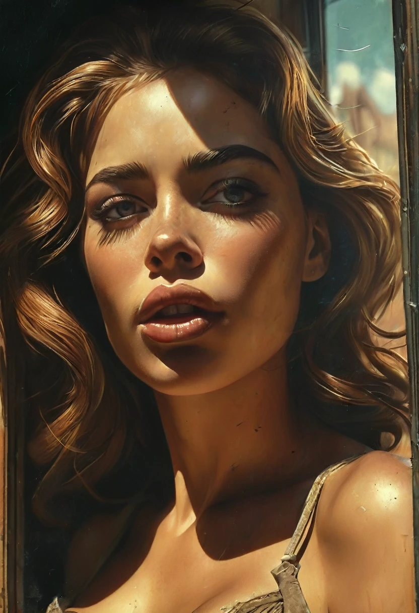 An ultra hot gorgeous European woman.age 23. Looks through a window. a Busty Vintage by Ed Mell and Russ Mills,  (luminar , vivacious , masterful:1.4), poster art, bold lines, hyper detailed, expressive,  award winning,  (scenery:1.4), (intricate details, masterpiece, best quality:1.4),
ring light , looking at viewer, dynamic pose, wide angle view,
atmospheric haze, Film grain, cinematic film still, highly detailed, high budget, cinemascope, moody, epic, OverallDetail, gorgeous, 2000s vintage RAW photo, photorealistic, candid camera, color graded cinematic, eye catchlights, atmospheric lighting, skin pores, imperfections, natural, shallow dof,