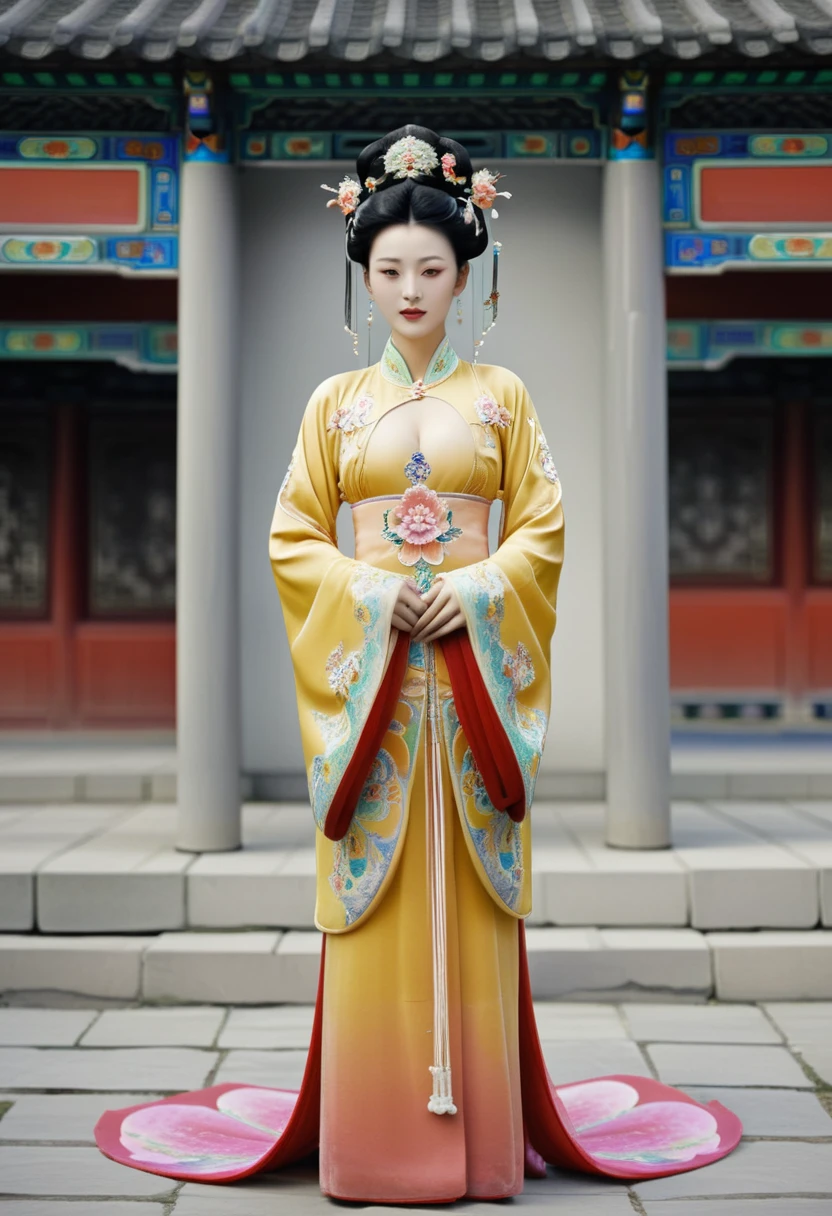 A naked picture of the empress of the Qing dynasty in China, standing in front of the camera, showing her large breasts, hairy abdomen, and pubic hair.、
Her hair is tied up and pulled up with a gorgeous flower ornament on both sides.、Chinese style Qing Dynasty empress crown background on stone pavement outside the Chinese palace of the Qing Dynasty