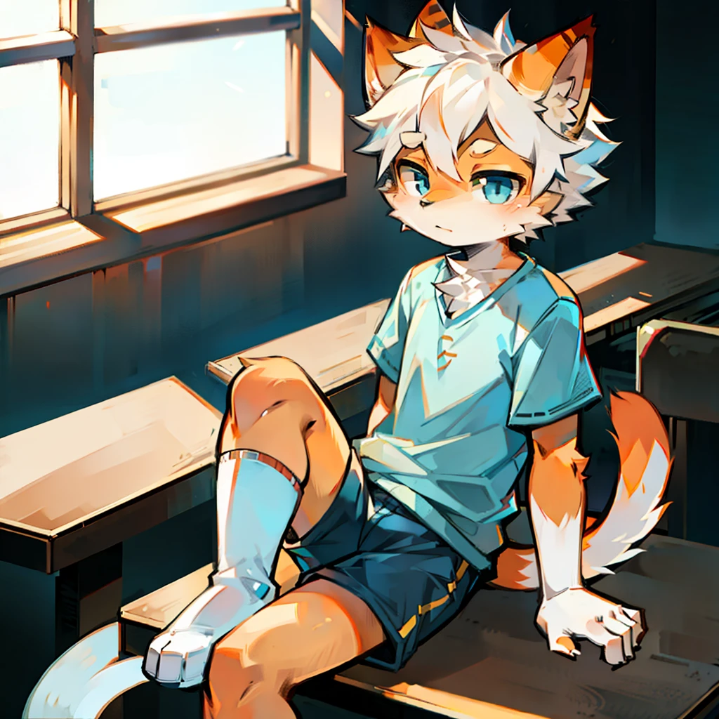 furry, cat boy,(White hair),(Orange skin),blue eyes,Sitting in the classroom,Legs on the table,((Wear short white socks)),Light blue pajamas and shorts,The only person,high quality