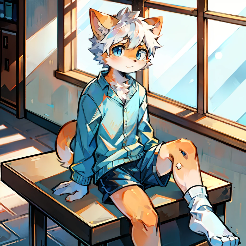 furry， cat boy，（White hair），（Orange skin），blue eyes，Sitting in the classroom，Legs on the table，（（Wear short white socks）），Light blue pajamas and shorts，The only person，high quality