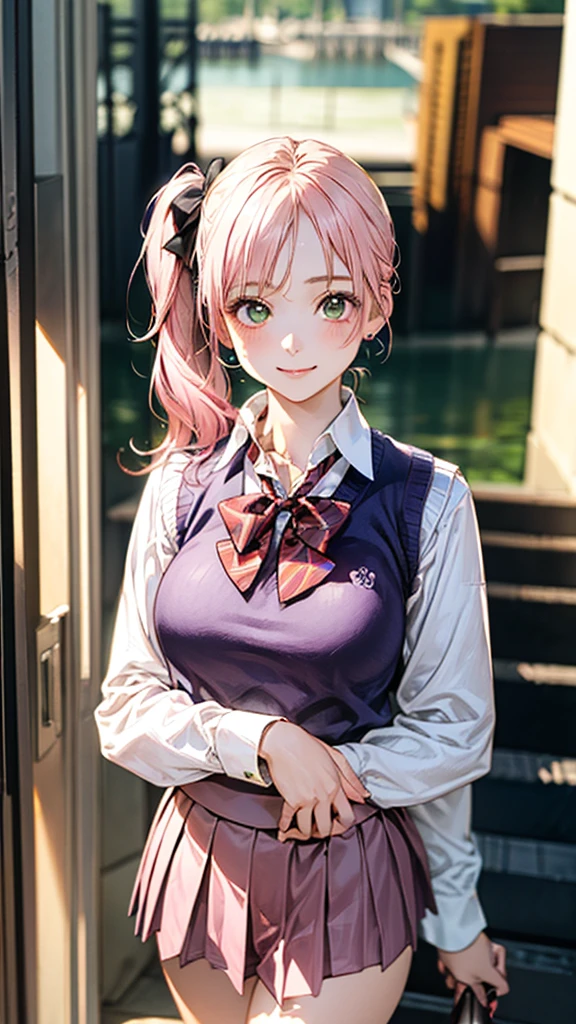 (masterpiece:1.2, Highest quality), (Realistic, photoRealistic:1.4), Beautiful illustrations, (Natural Side Lighting, Cinema Lighting), Browsing Caution,
View your viewers, Cowboy Shot, Front view:0.6, 1 girl, Japanese, high school girl, Perfect Face, Cute and symmetrical face, Glowing Skin,
(Long Hair:1.8, Side Ponytail:1.7, Side Lock, Light pink hair), Parted bangs, Emerald green eyes, Long eyelashes, (Large Breasts:0.8, Thick thighs),
Beautiful Hair, Beautiful Face, Beautiful attention to detail, Beautiful clavicle, Beautiful body, Beautiful breasts, Beautiful thighs, Beautiful feet, Beautiful fingers,
((((Long sleeve)), Roll up your sleeves, White collared shirt, Navy pleated mini skirt, Black socks, Brown Loafers, Red bow tie, Pastel pink sleeveless knit vest)), Pink Panties,
(Beautiful views), evening, River side, Are standing, (Cute smile, Upward glance),