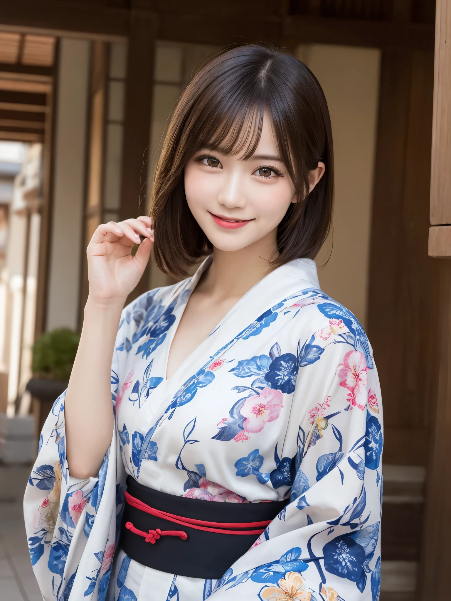 masterpiece, best quality, illustration, ultra-detailed, finely detailed, high resolution, 8K wallpaper, perfect dynamic composition, beautiful detailed eyes, festival, yukata, medium hair, small breasts, playful pose, smile, looking at camera