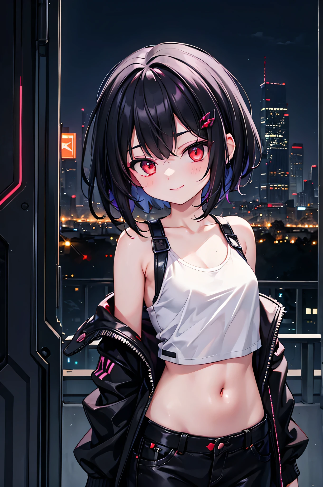 (masterpiece), cyber punk, city, night, Neon Light, city lights, One girl, Black Hair,White tank top with red pattern, short hair,Red Eye,hair ornaments,Around 16 years old,smile,He has taken off his jacket and is exposing his shoulders.,Navel showing
