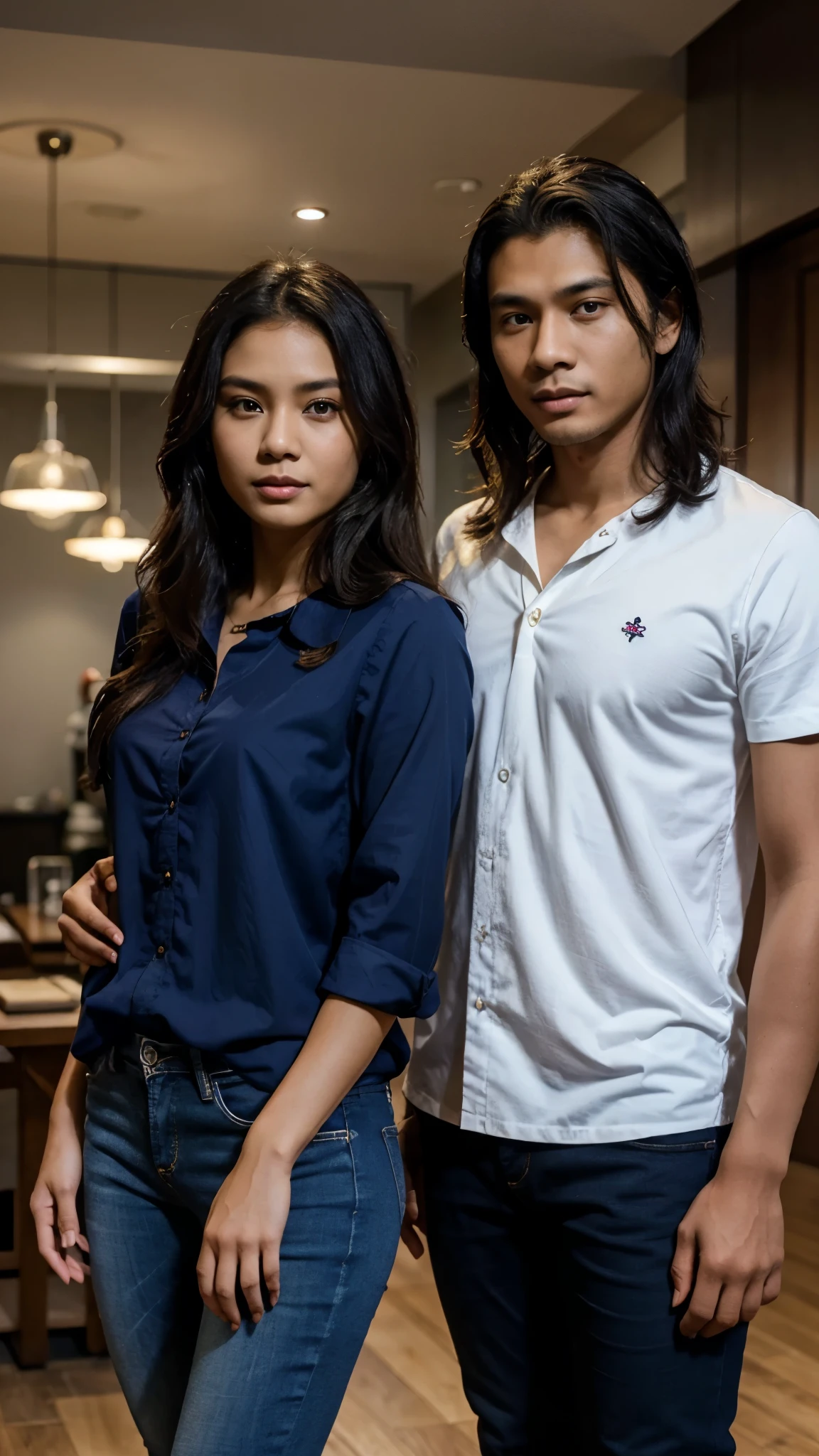 an Indonesian man and an Indonesian woman standing next to each other, an image, inspired by Adam Dario Keel, which is trending in the cg community, a handsome young Indonesian man with a beautiful young Indonesian woman with wavy hair, a man dressed in a shirt and a woman dressed in a blouse and navy blue skinny jeans. singer, movie screencap, model elisajes from acquamodels