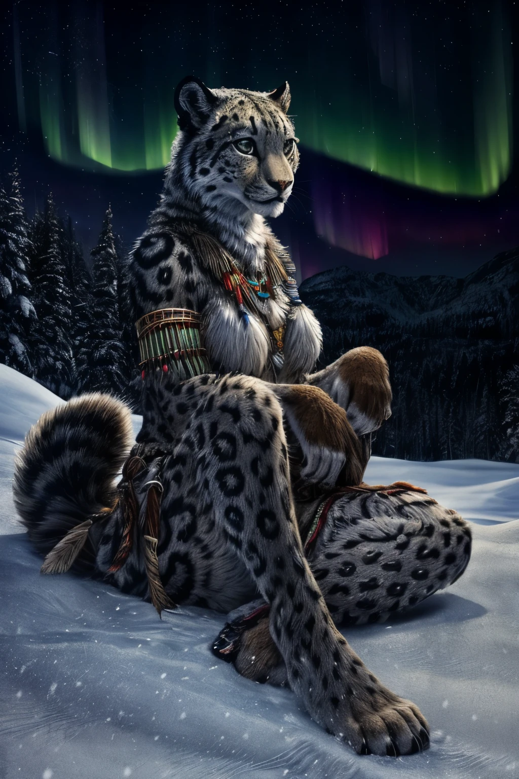 Snow Leopard, anthro,  furry, female fur, fluffy tail, detailed fur, masterpiece, Highest quality, Digital Art, (Realistic:0.3), Fine Lines, High resolution, Visually stunning (Detailed lighting, Depth of written boundary:0.9), Detailed Color, Vibrant colors, perfect hands, Fine hand (beautiful, cute, fluffy:1.2), Detailed body, Barefoot hairy character ,One girl,Person sitting barefoot in the snow, Nice legs, Soles and pads,smile,nature, Tribal accessories, Tribal costume, Colorful aurora borealis,Night, stars, 