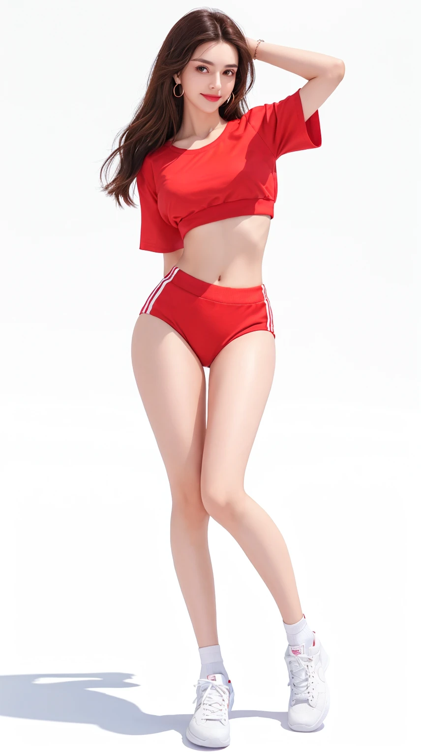 Girl in red bikini, (standing), body completo.de forehead, hands on hips, shy, detailed face, perfect body, 4k, good anatomy, (bottomless), (cameltoe, in heels), white background, pink hair),alta definición,mejor resolución
