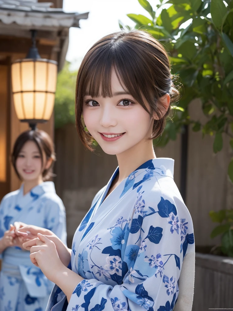 masterpiece, best quality, illustration, ultra-detailed, finely detailed, high resolution, 8K wallpaper, perfect dynamic composition, beautiful detailed eyes, festival, yukata, short hair, happy expression, cute, smile, looking at camera