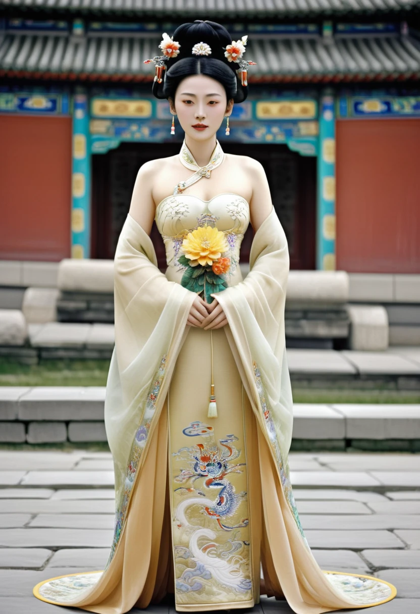 A naked picture of the empress of the Qing dynasty in China, standing in front of the camera, showing her large breasts, hairy abdomen, and pubic hair.、
Her hair is tied up and pulled up with a gorgeous flower ornament on both sides.、Chinese style Qing Dynasty empress crown background on stone pavement outside the Chinese palace of the Qing Dynasty