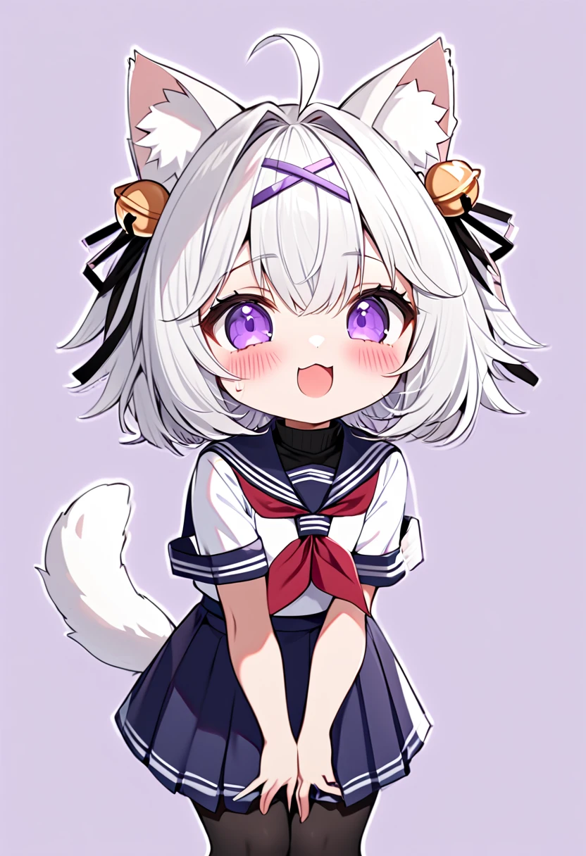 master piece, best quality, ultra-detailed, illustration, 1girl, solo, chibi, (big head), cute pose, front view, looking at viewer. Filiansailor, ((purple hairclip)), hair bell, white hair, short hair, cat ears, ahoge, purple eyes, blush, laughing, fluffy tail, serafuku, black turtleneck, short sleeve, red neckerchief, blue skirt, black stockings, black shoes, ((simple background)),