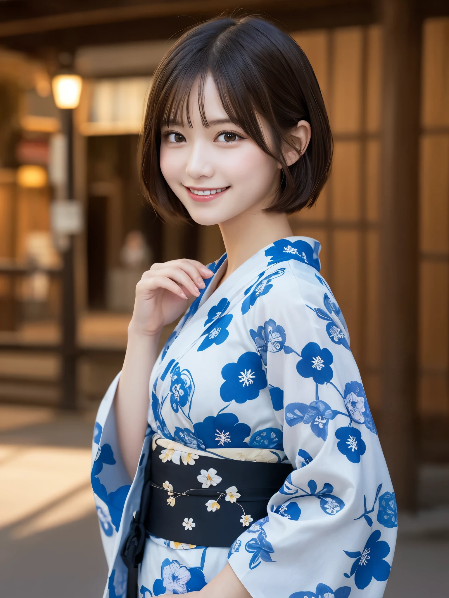 masterpiece, best quality, illustration, ultra-detailed, finely detailed, high resolution, 8K wallpaper, perfect dynamic composition, beautiful detailed eyes, festival, yukata, short hair, happy expression, cute, smile, looking at camera
