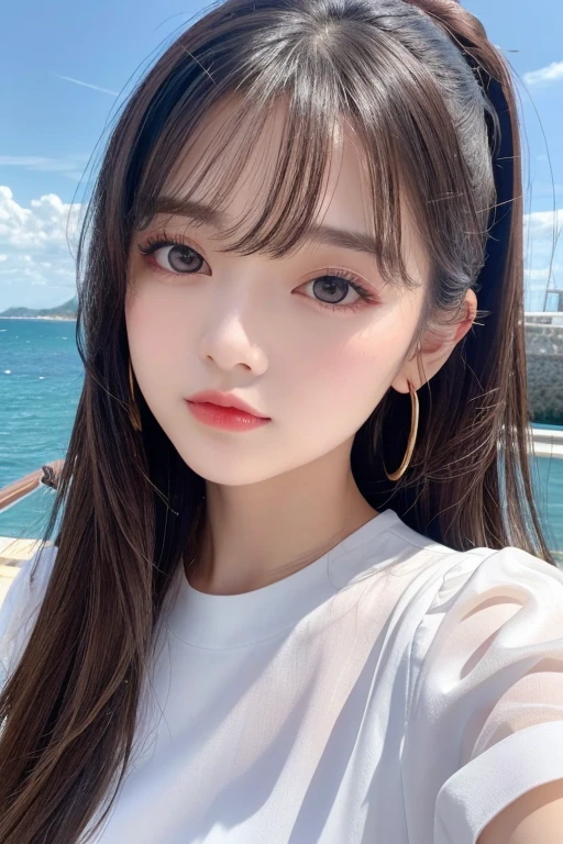 ・A girl with temperament・Delicate facial features・Bangs・Brown ponytail・Messy hair・Hair is very realistic・Wearing a short-sleeved white shirt・The background is sky・Sea view・Du Qiong exquisite makeup・Thin red lips・Big eyes・Double eyelids・Black hole・Bright eyes・Symmetrical face・Face is very realistic・Carefully painted girl's face・Blush・Super high-looking・Looking at the audience ・Very realistic skin・Sebum reflection・Artwork・Clothes with real fabric texture・Realistic painting・Cinema style・Photo-level・Ray tracing・Realistic light and shadow effects・Realism・Masterpiece・Like the photo effect above・8K highest quality is full・High
