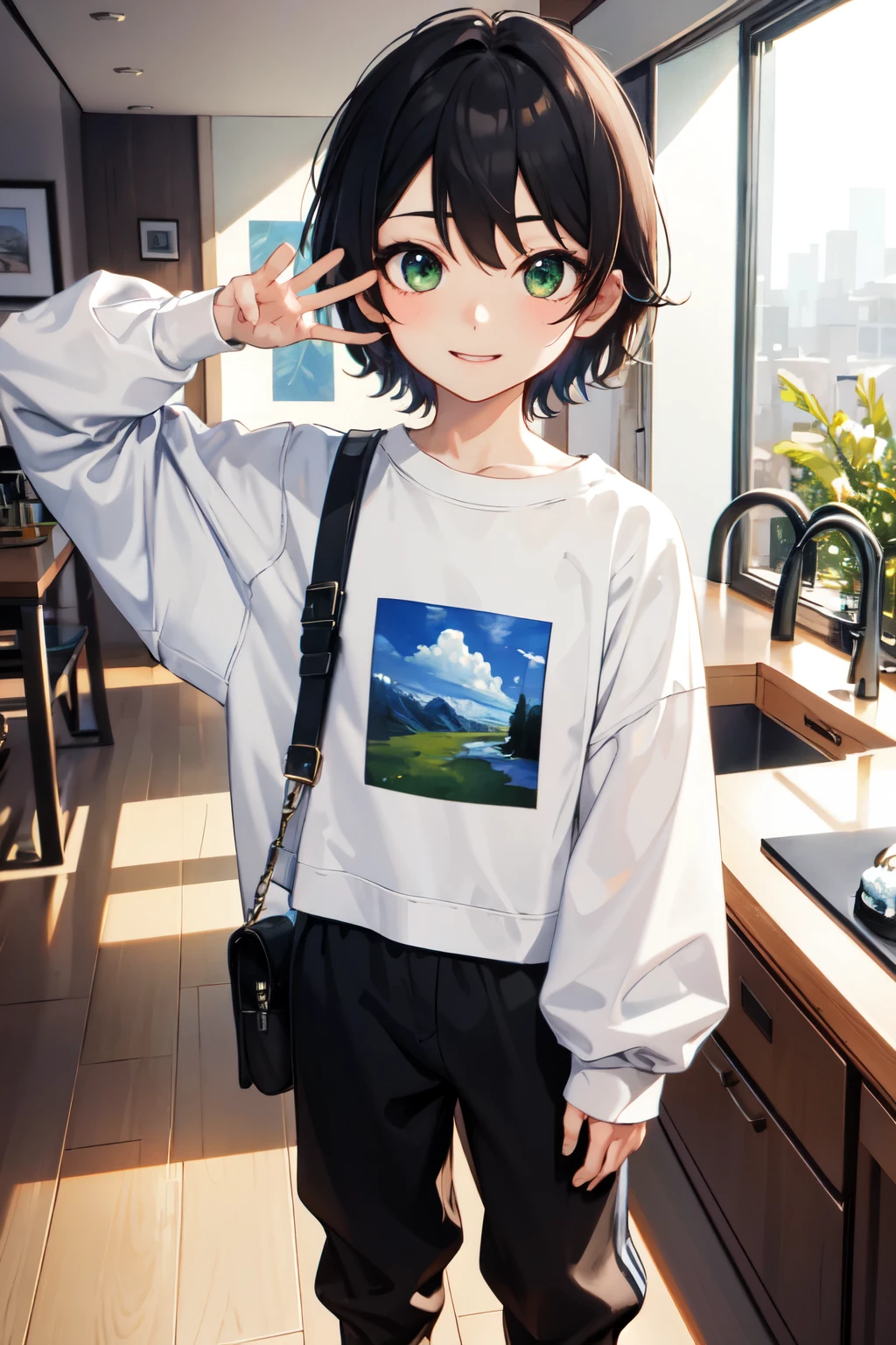 ((Highest quality)), ((masterpiece)), (detailed), One boy:2.0,Chibi character style,Selfie shot,cowboy shot,slim,downturned eye,green eyes,short hair,playful smile,oversized sweatshirt,gaucho pants,sneakers,shoulder bag,sitting,room