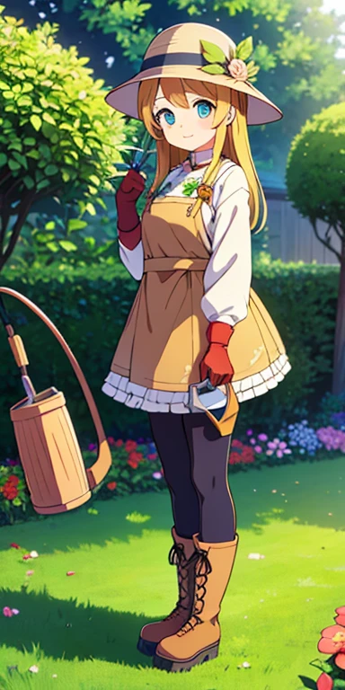 Full body, beautiful eyes , 1 girl , full body , cute girl , anime style , cute eyes , (standing up) , (Gardeners are typically dressed in practical, nature-themed attire suitable for outdoor work. They wear wide-brimmed hats or caps to shield themselves from the sun, gloves to protect their hands, and sturdy boots. Their clothes are often decorated with floral patterns, and they carry gardening tools like trowels, pruning shears, and watering cans.)