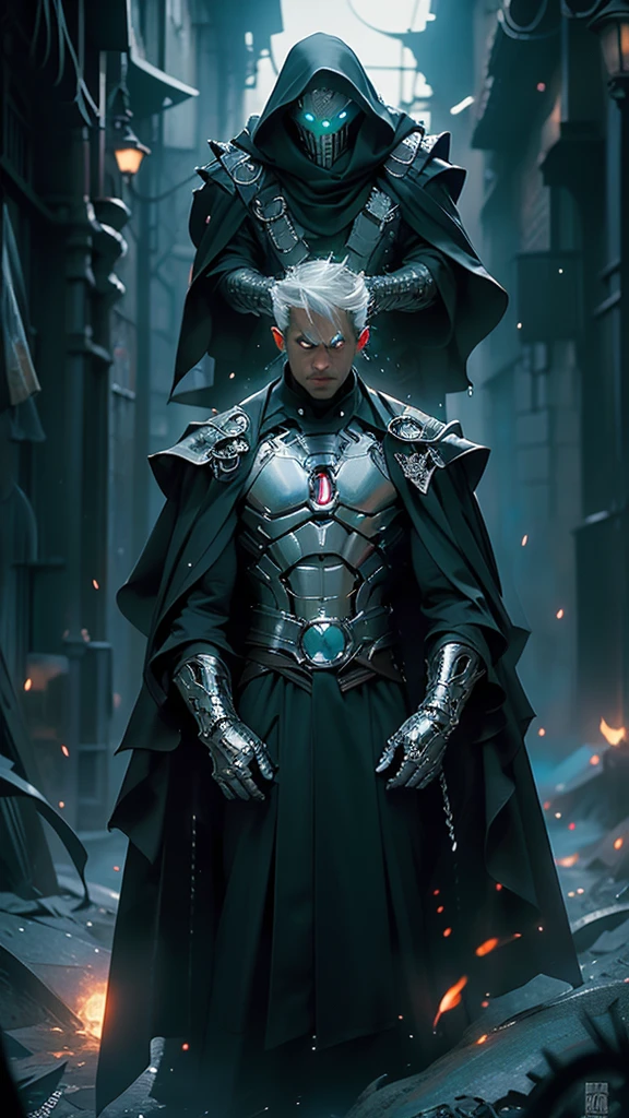A striking full-body portrait of Doctor Doom, portrayed by Robert Downey Jr., standing confidently in a dramatic pose. He is clad in a gleaming silver armor that reflects light, with intricate designs showcasing his regal status. A flowing green cloak billows behind him, adding a sense of grandeur. His face, partially obscured by the iconic mask, reveals intense eyes that convey intelligence and menace. The background features a dark, gothic castle with ominous clouds swirling above, enhancing the character's imposing presence. 4k resolution, hyper realistic, ultra detailed