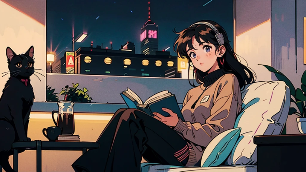 best quality, 8k, 1990s style,2010s hairstyles, 21 year old girl, black hair, long hair, light brown eyes, city pop, pants ,night view, wearing headphones,reading a book, whole body,  relax coffee,table,confection,Looking at me, Black cat
