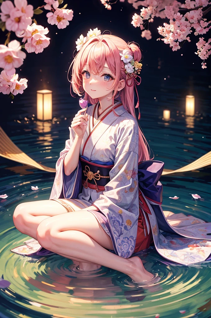 Young woman,bubbles,magic,Good reigns all around,mystical atmosphere,ultra detail,Sakura flowers,Japan,arch,Clear drawing,top quality,bright colors,4k Wallpaper,Patterns on the Floor,masonry,a lot of details