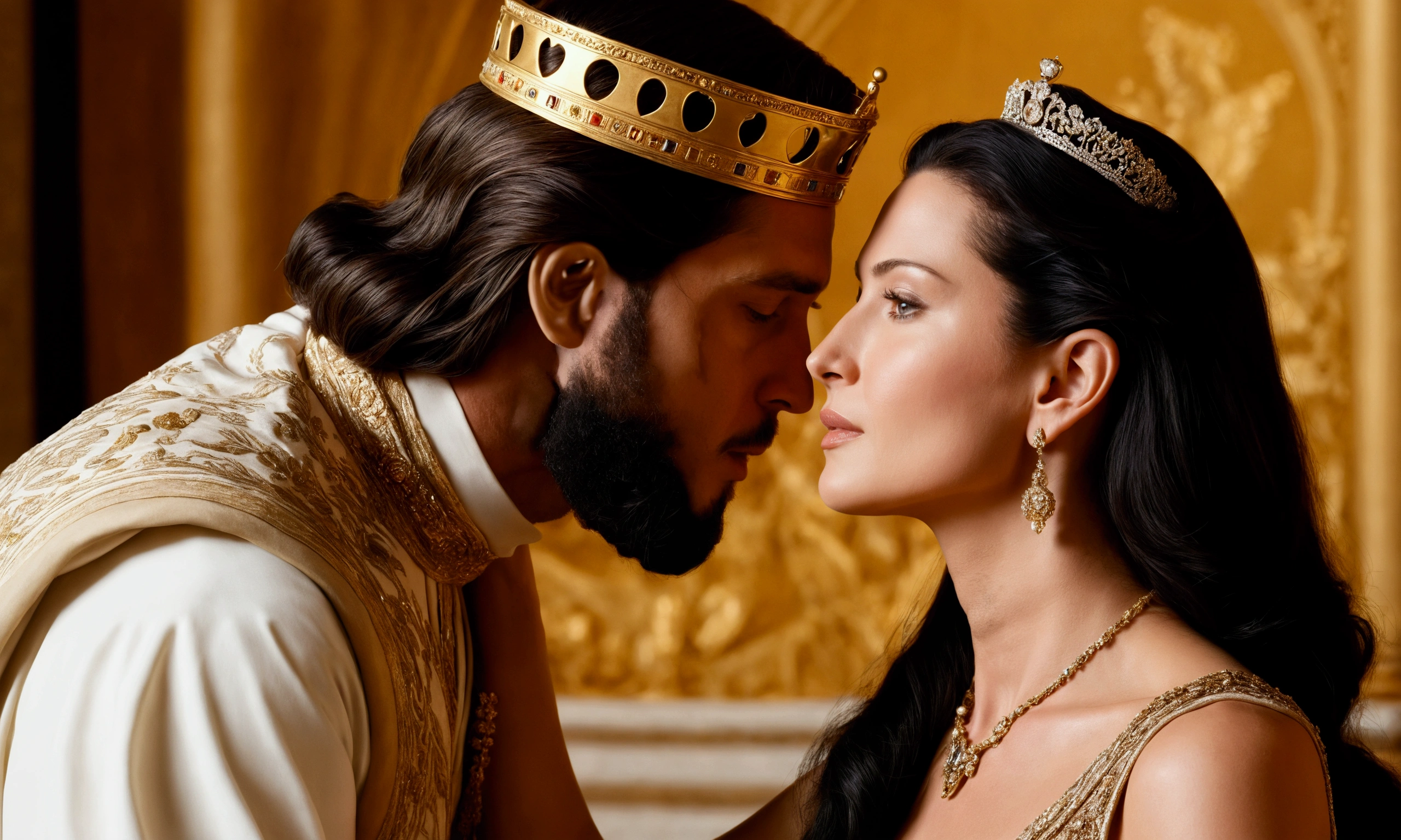 King Solomon, a dignified European face with a well-groomed beard, and the Queen of Sheba, a stunning perfect woman and radiant beauty, reminiscent of Catherine Zeta-Jones, share a tender moment in a sublime image of love. The opulent scene exudes luxury and wealth, with intricate golden accents and lavish fabrics. The two monarchs stand intimately close, their faces inches apart, as if they're about to share a romantic kiss. The atmosphere is filled with warmth and intimacy, evoking a sense of nostalgia and wonder. Ultra realistic and cinematic.