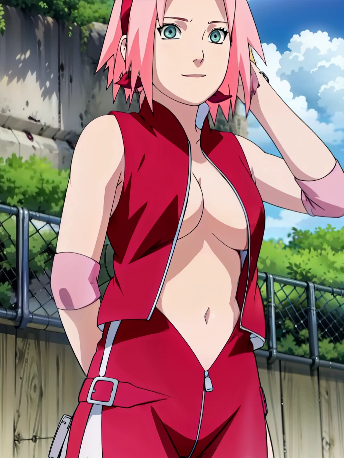 Sakura Haruno showing her belly with open zipper and open top showing her sexy breasts