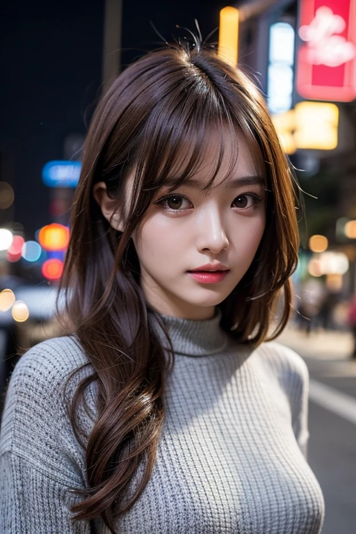 masterpiece、1 beautiful girl、Detailed eyes、Puffy eyes、Highest quality, 超High resolution, (reality: 1.4), Cinema Lighting、Asian Beauty、Korean、so beautiful、Beautiful Skin、thin、Body facing forward、(Surreal)、(High resolution)、(8k)、(Very detailed)、(beautiful Detailed eyess)、(Very detailedな)、 (wall-)、Detailed face、Bright lighting、Professional Lighting、Looking at the audience、Look straight ahead、Grey knitwear、Diagonal bangs、Night view、Brown Hair、19 years old、expensive,